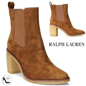 Ralph Lauren Marianna Tan Suede Pull-On Chelsea Bootie Block Heel Ankle Boots